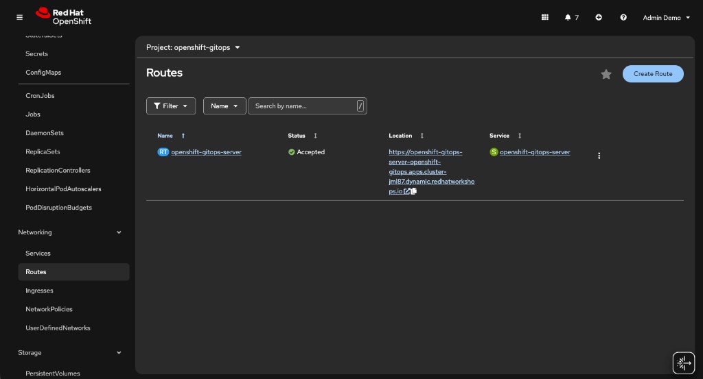 ArgoCD route in OpenShift console